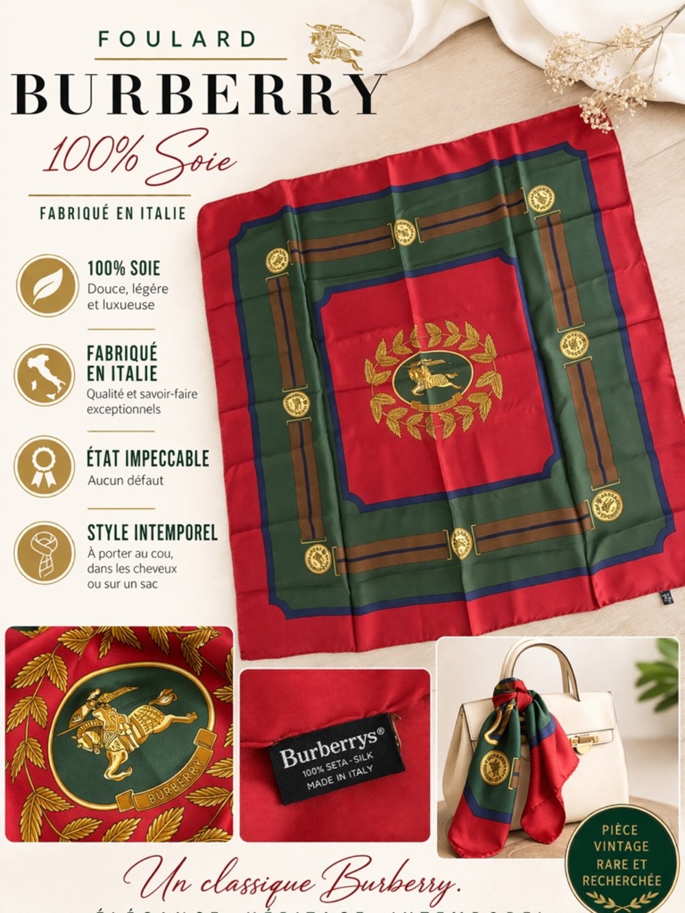 Burberry Red and Green Silk Foulard Scarf